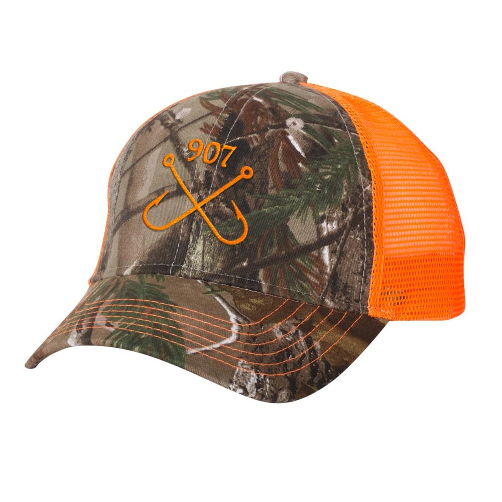 Fishing Hooks Realtree Camo Trucker Hat, Neon Orange