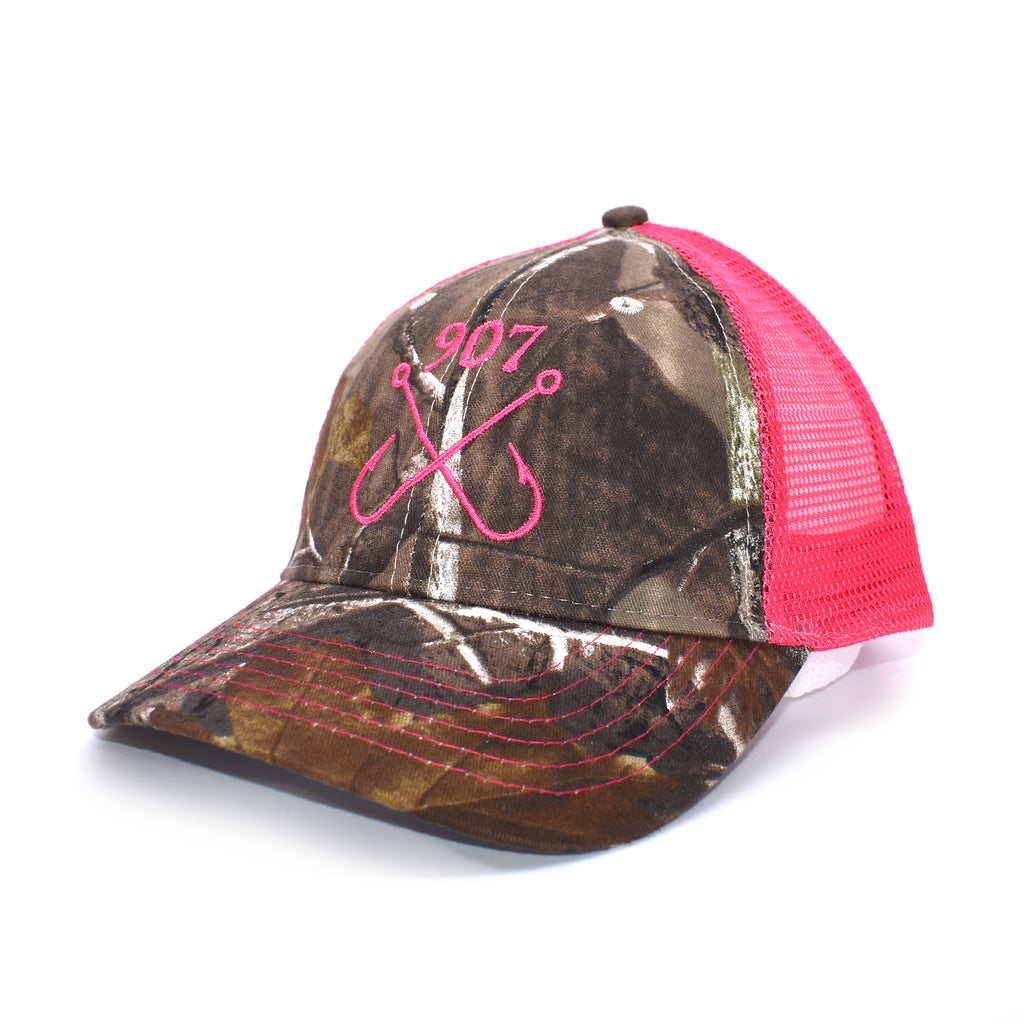 Fishing Hooks Realtree Camo Trucker Hat, Neon Pink