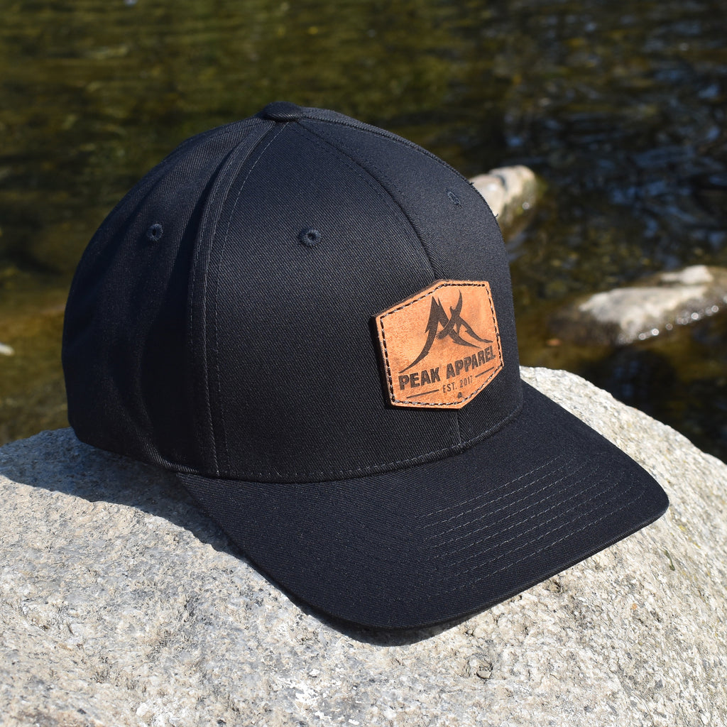 - Black Patch Logo Flexfit Hat Leather Peak Apparel